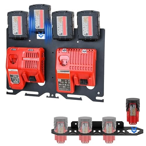 DITKOK 3-in-1 Metal Wall Mount for Milwaukee Charger, Battery and Drill, Battery Holder for 4×M12 & 4×M18 Batteries, Charger Holder for 2x M12-18C/2x M12-18FC/1x M18 DFC Chargers, Power Tool Organizer - Image 1