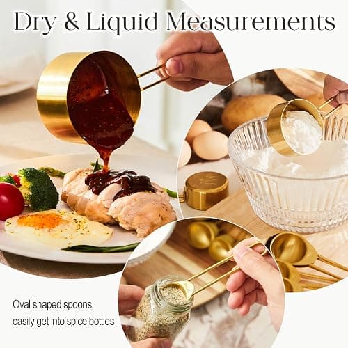 Golden 304 Stainless Steel Measuring Cups and Spoons Set,8PCS Stackable & Long Handle Fits Narrow Jars, Premium Gold Kitchen Accessories for Liquid & Dry Ingredients Baking Cooking, Durable&Rust-Proof thumbnail 4