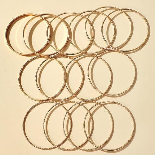 Xerling 14Pcs Golden Boho Indian Multi Bangle Bracelet Set Punk Chunky Stackable Textured Bracelets for Women Layered Cable Smooth Bracelets, Diameter: 2.6-2.7in/6.8-7cm, alloy thumbnail 5