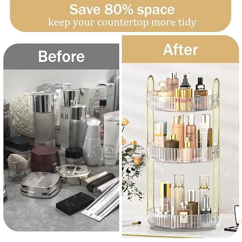 MOKANI 360 Rotating Makeup Organiser, 3 Tiers Spinning Skincare Organiser, Multi-Function Make Up Storage, Large Capacity Cosmetic Perfume Stand for Vanity, Bathroom and Bedroom - Transparent thumbnail 5