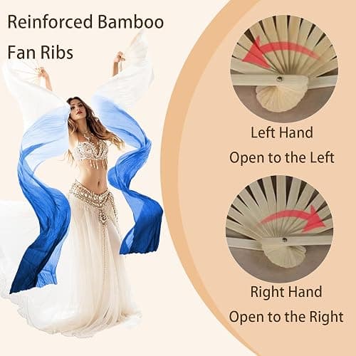 Leemiman Professional Belly Dance Fans Veils Pair (Left+Right),180x90cm Faux Silk Fan Veils for Oriental Dance Performances Stage Shows - white thumbnail 4