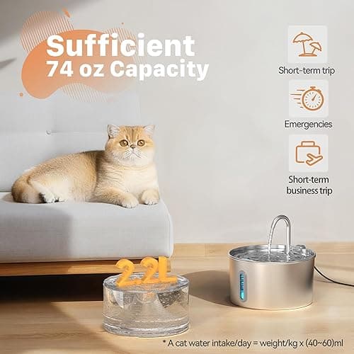 Cat Water Fountain Stainless Steel: 2.2 L Cat Fountain for Drinking - Automatic Pet Water Fountain for Cats Inside - Metal Cat Dog Water Dispenser Bowl with Faucet Water Level Window Ultra Quiet Pump thumbnail 3
