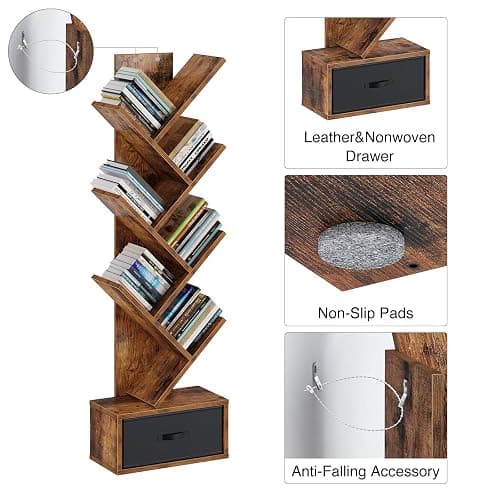 Rolanstar 7 Tier Bookshelf with Drawer, Tree Bookshelf, Small Bookshelves with Storage Rack for CDs/Movies/Books, Standing Book Shelf, Tall Narrow Bookcase for Living Room, Bedroom, Rustic Brown thumbnail 6