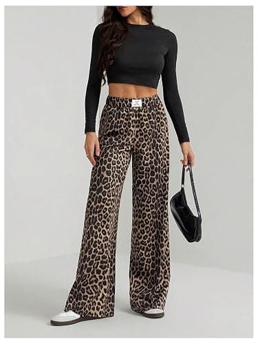RoseSeek Women's Leopard Print Wide Leg Pants Patched Elastic Waist Casual Loose Trousers thumbnail 5