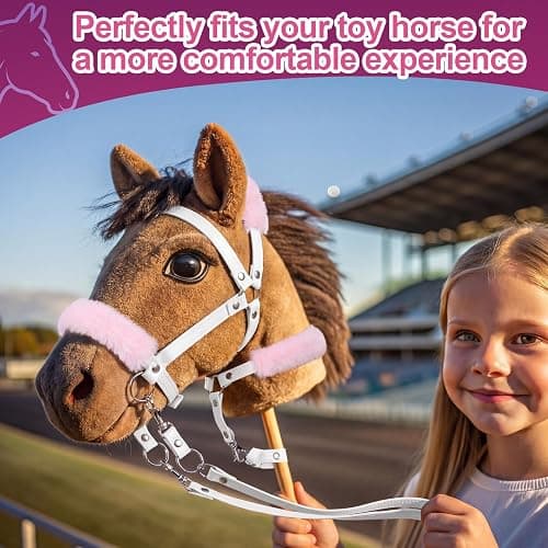 Shappy Hobby Horse Toy Accessories Realistic Horse Bridle with Metal Bit and Adjustable Reins, Faux Leather and Stainless Steel for Equestrian, Themed Events Competitions and Play (White, Pink) thumbnail 6