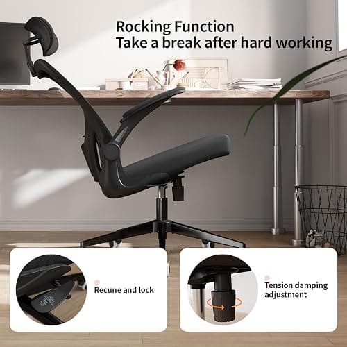 Monhey Office Chair Ergonomic Desk Chair with Lumbar Support&Headrest&Flip-up Arms Height Adjustable Rocking Swivel High Back Computer Chair Black Mesh Study Chair (03All Black) thumbnail 7