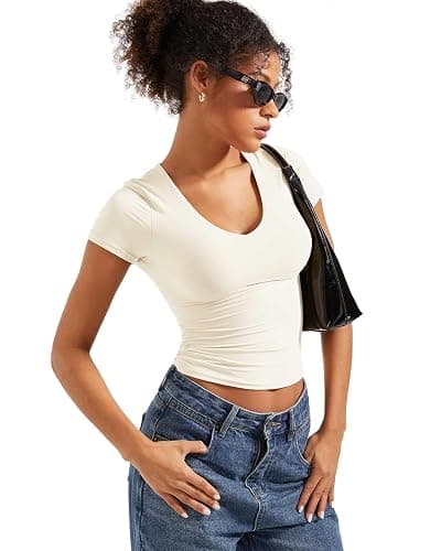 SUUKSESS Women Double Lined Fitted Basic Tee Sexy V Neck Short Sleeve Y2K Crop Top thumbnail 5