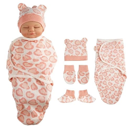 BABESIDE 4 Pcs Reborn Baby Doll Blanket with Doll Accessories Set for 17-24 Inch Babydolls, Heart Patterns Baby Doll Swaddle Blanket with Hat Gloves for Realistic Dolls Girl, Pink - Image 1