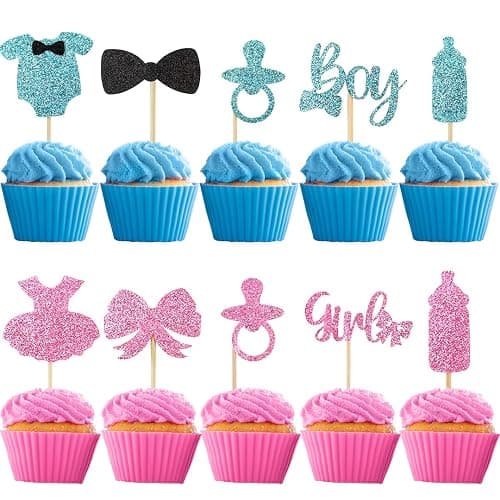 Tortendeko Babyparty, 30 Stück Boy or Girl Gender Reveal Party Kuchen Torten Dekoration, Cake Cupcake Topper Geschlecht Offenbaren Kuchendeko für Jungen Mädchen Baby Shower Geburtstag (Blau Rosa) - Image 1