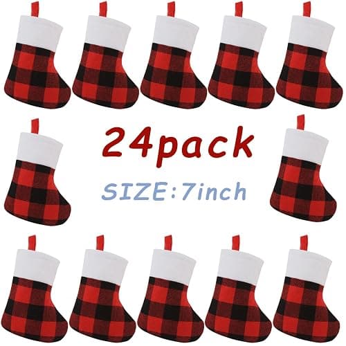 CCINEE 24 Pack Mini Christmas Stockings, 7” Red and Black Buffalo Plaid Xmas Stocking with Plush Cuff Small Hanging Stocking Decoration for Holiday Home Wall Fireplace Christmas Tree Decor thumbnail 4