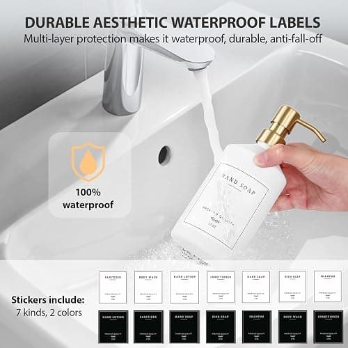Gold Soap Dispenser Set, Glass Hand and Dish Soap Dispenser Set with Tray,Stainless Pump,14 Stickers for Kitchen,Bathroom Soap and Lotion Dispenser,Modern Counter Decor (White Bottle/Gold Pump) thumbnail 4