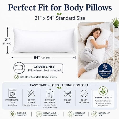 evoLive 100% Rayon Derived from Bamboo Cooling Breathable Body Pillow Cover/Pillowcases 21x54 inches with Hidden Zipper Closure (White, 21“X54“ Body Pillow Cover) thumbnail 2