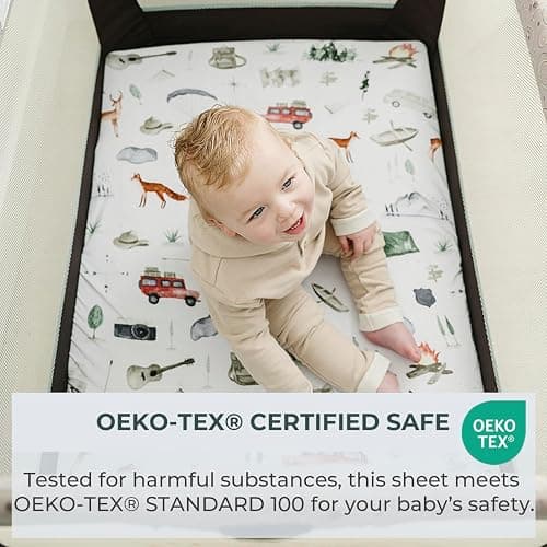 Pobibaby - 2 Pack Premium Pack N Play Sheets Fitted for Standard Pack and Plays and Mini Cribs - Ultra-Soft Cotton Blend, Stylish Woodland Pattern, Safe and Snug for Baby (Explore) thumbnail 5
