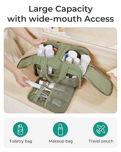 BAGSMART Travel Toiletry Bag, Lightweight Large Wide-open Travel Bag for Women, Puffy Cosmetic Makeup Bag Organizer with Handle for Accessories,Essentials, Toiletries, Green thumbnail 2