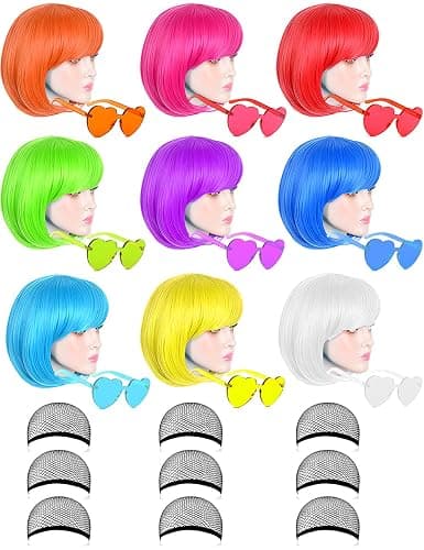 LOHO MAGICA 9 Pack Colored Wigs, Funky Colorful Wigs, Short Bob Hair Wigs, Neon Party Wig, Cosplay Wig with Rimless Heart Shape Sunglasses - One Size for All Women Adults Halloween Costume Night Club - Image 1