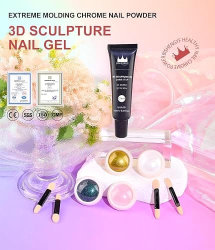 3D Nail Gel and Chrome Nail Powder Kit BISHENGYF: 15g No Wipe 3D Sculpting Gel White Aurora Pink Chameleon Gold Chrome Nail Powder with Clear 3D Carving Nail Molding Glue Set for Nail Art Decoration thumbnail 6
