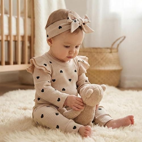 Fullfamous Baby Girl's 3pc Rib Frill Long Sleeve Romper and Pant Set thumbnail 4