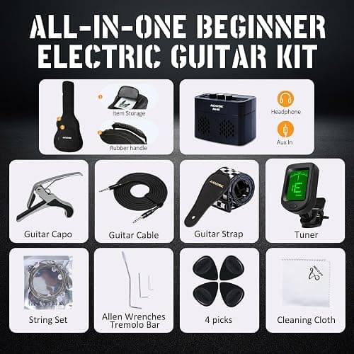 AODSK Electric Guitar with Amp Beginner Kit 39 Inch Solid Body Full Size,All Accessories,Digital Tuner,Six Strings,Four Picks,Tremolo Bar,Strap,Gig Bag,Starter kit (Blue-HSS) thumbnail 4