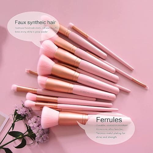 ZOREYA Makeup Brush Set - 15 Pcs Premium Synthetic Foundation Concealers Eye Shadows Make Up Brush,Eyeliner Brushes(Pink) - Pink thumbnail 2