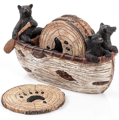 Cabin Obsession Bear Coasters - Set of 6 Full Size Rustic Coasters in Handmade Canoe with Adorable Black Bear Figurines - Log Cabin Decorations, Rustic Lodge Decor for The Home thumbnail 8