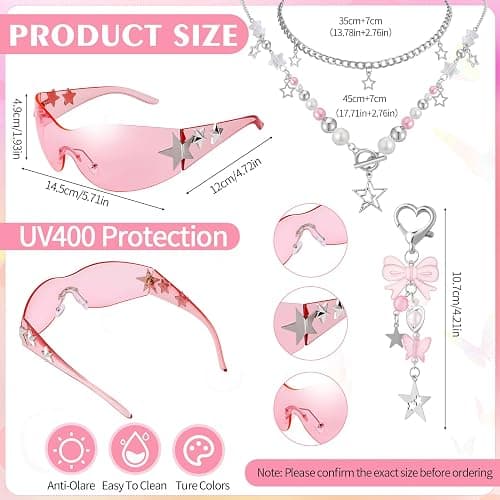 JATEBI Y2k Accessories Set Included Star Y2k Silver Necklace Bracelets Grunge Layered Necklace Y2K Sunglasses Hair Clip Pink Keychain Vintage Jewelry Set for Women thumbnail 2