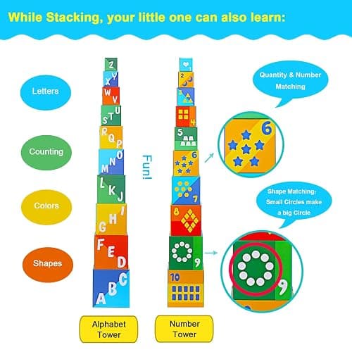 Beeqoo Animal Sorting and Stacking Blocks - Educational ABC & Numbers Toy for Babies and Toddlers - Montessori Learning Tower - 10 Nesting Cubes Building Set - Novelty Gift for Boys & Girls thumbnail 5