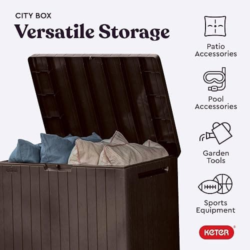 Keter City 30 Gallon Resin Outdoor Storage Box and Patio Furniture Side Table for Pool and Garden Accessories, Brown thumbnail 4
