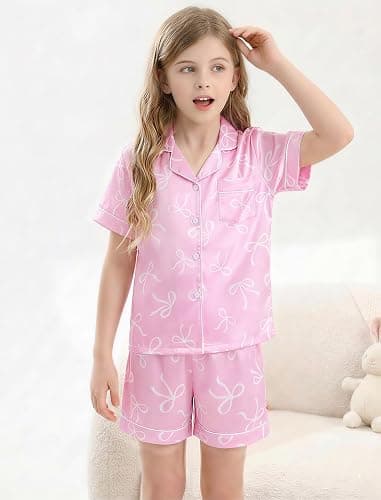 Mikrdoo Girls Pajamas Set Soft Silk Satin Pajamas 2 Piece Short Sleeve Sleepwear for Kids Size 4-16 Years thumbnail 4