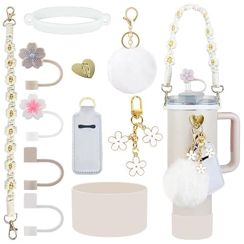 Velaco 11 PCS Stanley Cup Accessories - Water Bottle Handle Strap for 30/40 oz Tumbler with Handle, Including Straw Toppers, Silicone Cup Boot, Keychain Charms - White - 11 PCS White - Image 1