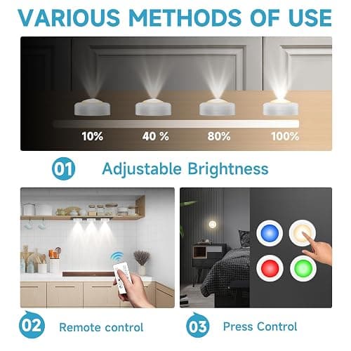 Lilampts LED Puck Lights with Remote Control, Wireless Under Cabinet Lighting,Color Changing Lights with Dimmer and Timer, AAA Battery Operated Powered Push Night Lights (3 Pack Black) thumbnail 3