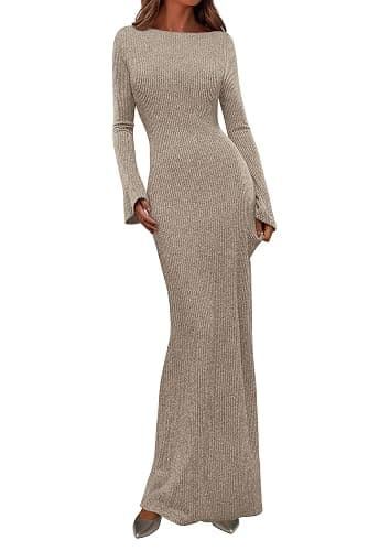 PRETTYGARDEN Women's Fall Fashion 2025 Long Sleeve Maxi Dress Ribbed Knit Boat Neck Bodycon Casual Dresses Going Out Outfits - Image 1