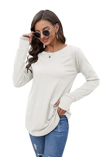 Fisoew Women's Casual Long Sleeve Tops Crew Neck Round Hem Loose T-Shirts Tunic Tops with Thumb Holes thumbnail 4