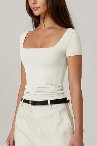 QINSEN Women's Square Neck Short Sleeve Double-Layer Tops Basic Slim Fit Going Out T Shirt thumbnail 3