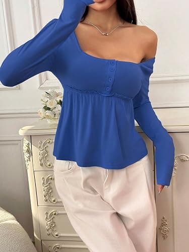 SOLY HUX Women's Babydoll Tops Long Sleeve Henley Shirts Cute Square Neck Coquette Peplum Top thumbnail 2