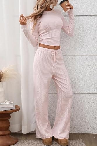 CHYRII Womens Two Piece Sets Fall Fashion Striped Long Sleeve Tops Wide Leg Palazzo Pants Outfits Loung Sets thumbnail 3
