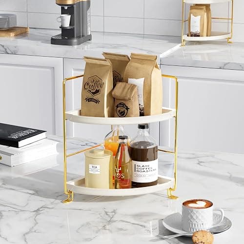 FSyueyun 2-Tier Corner Bathroom Counter Organizer, Tool-Less Installation Vanity Shelf Small Plastics Countertop Makeup Tray Skincare Perfume Organizers (Gold) thumbnail 6