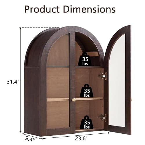 Bathroom Arched Wall Cabinet Over The Toilet Storage Cabinet, 23.5×31.4 Inch bathroom cabinet wall mount with Glass Doors & Adjustable Shelves, Wood Cabinet for Laundry Room, Bedroom Kitchen, Brown thumbnail 2