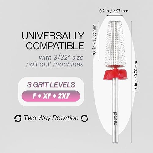 PANA Nail Carbide 5 in 1 Bit - Two Way Rotate use for Both Left and Right Handed - Fast Remove Acrylic or Hard Gel - 3/32" Shank - Manicure, Nail Art, Drill Machine (Fine - F, Silver) thumbnail 2