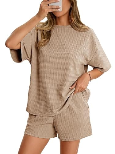 Aoysky Womens Waffle Knit 2 Piece Outfits Casual Short Sleeve Shirts and Shorts Sets Loose Fit Summer Outfits - Image 1