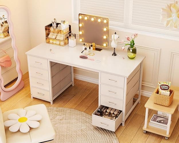 ODK 48 Inch Vanity Desk with 8 Fabric Drawers, Modern Makeup Desk for Bedroom & Dressing Room with Large Storage, Ideal for Home Office, Study, Pure White thumbnail 7