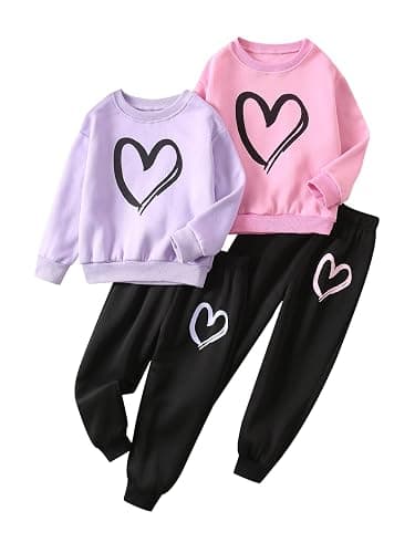 Fdqin Girls Graphic 4 Piece Outfits Heart Print Workout Hoodie and Sweatpants Fall Winter Clothing Set 4-12 Years - Image 1