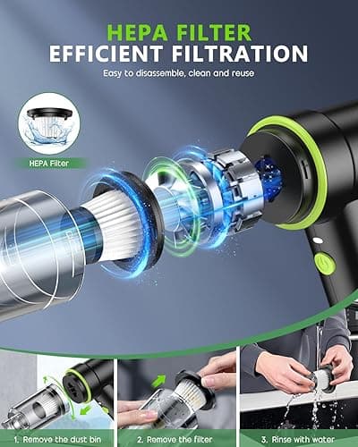 CODN Handheld Car Vacuum Portable Cordless 12000PA, 2 in 1 Handheld Vacuum Cleaner and Air Duster with Multi-Nozzles and LED Light, Mini Hand Held Vacuum Rechargeable for Home, Car, Office, Pet Hair thumbnail 6