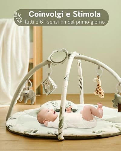 Fortella Palestrina Neonato Evolutiva, Tappetino Gioco Attività con 5 Giocattoli Sensoriali, Specchio e Cuscino–Ideale per Bambini e Bambine, Regalo Perfetto Sviluppo Infantile 0-3-6-9-12 Mesi (Verde) thumbnail 3