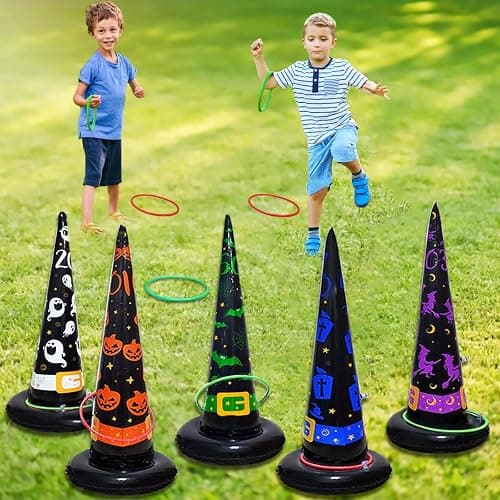 Poptrend 5PK Halloween Toys Halloween Games Inflatable Witch Hat Ring Toss Game, Inflatable Ring Toss Game with Air Pump. Games Toys for Kids Adults, Halloween Decorations (Witch Hat, 5PK) thumbnail 7