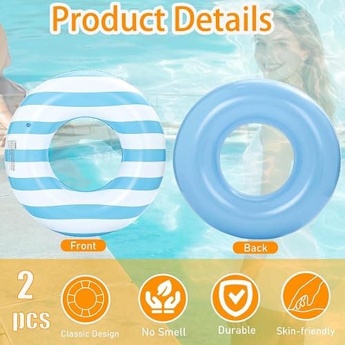 2 Pack Large Inflatable Pool Float for Adults 36 Inch Classic Striped Swim Rings Swimming Pool Tubes for Teens Summer Beach Themed Party thumbnail 5