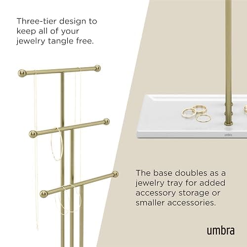 Umbra Trigem Jewelry Stand, Tiered Necklace Holder, Steel, White/Gold | Multi level design, tangle free solution, doubles as accessory tray, padded scratch protection thumbnail 4