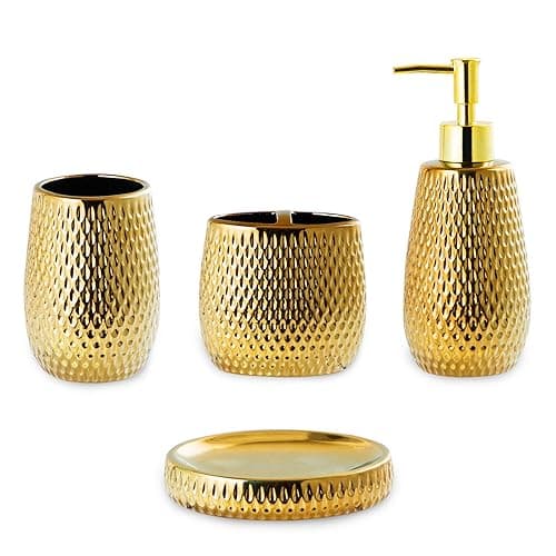 Gold Bathroom Accessory Set 4 Piece Ceramic Bath Accessories Sets Complete, Rain- Drop Shaped Bathroom Essential with Toothbrush Holder & Dish, Tumbler, Soap Dispenser Set for Bath Decor - Gold01