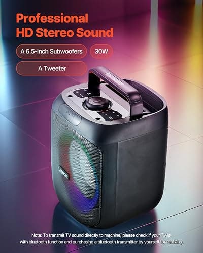 VEVOR Karaoke Machine for Adults, 30W, 6.5-inch Portable Bluetooth Speaker with 2 Wireless Microphones, LED Light, TWS Function, Handle, Support Micro TF Card, USB, AUX, for Home Karaoke Party Singing thumbnail 4
