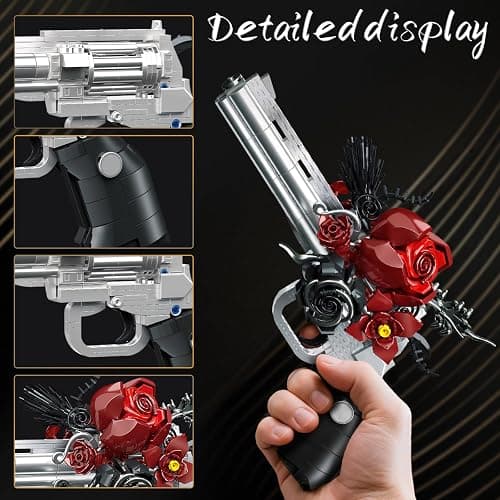 GHQYTPR Guns & Petals Decorative Revolver Building Blocks with Red Roses Gothic Rose Revolver Building Kit Gothic Style Display Piece Creative Gift for Adults Teens 631 PCS thumbnail 5