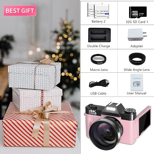 VETEK Digital Cameras for Photography, 4K 48MP Vlogging Camera 16X Digital Zoom Manual Focus Students Compact Camera with 52mm Wide-Angle Lens & Macro Lens, 32G Micro Card and 2 Batteries (Pink) thumbnail 5